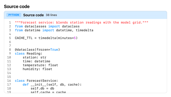 forecast_service.py with Python syntax highlighting and numbered lines.