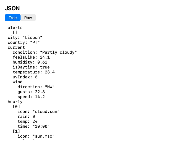 forecast.json in the Tree view: city, country and the current conditions as nested keys.